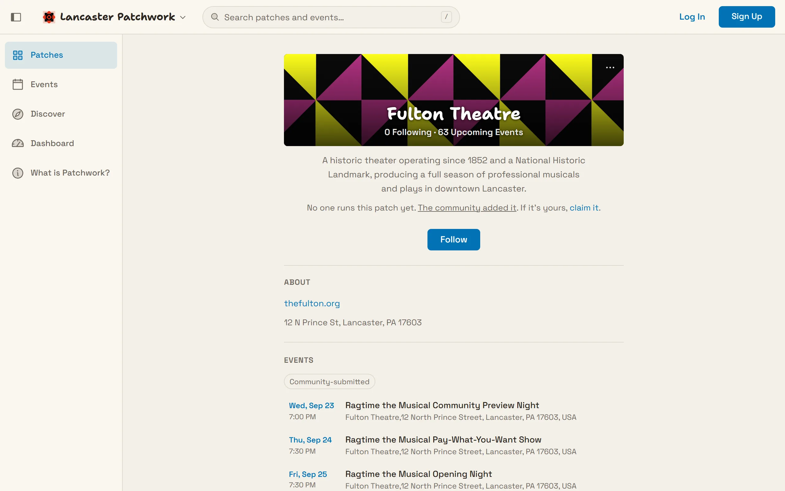 A patch page on desktop. The group name and its member and event counts sit over generated cover art, with About, Events and Members sections below.