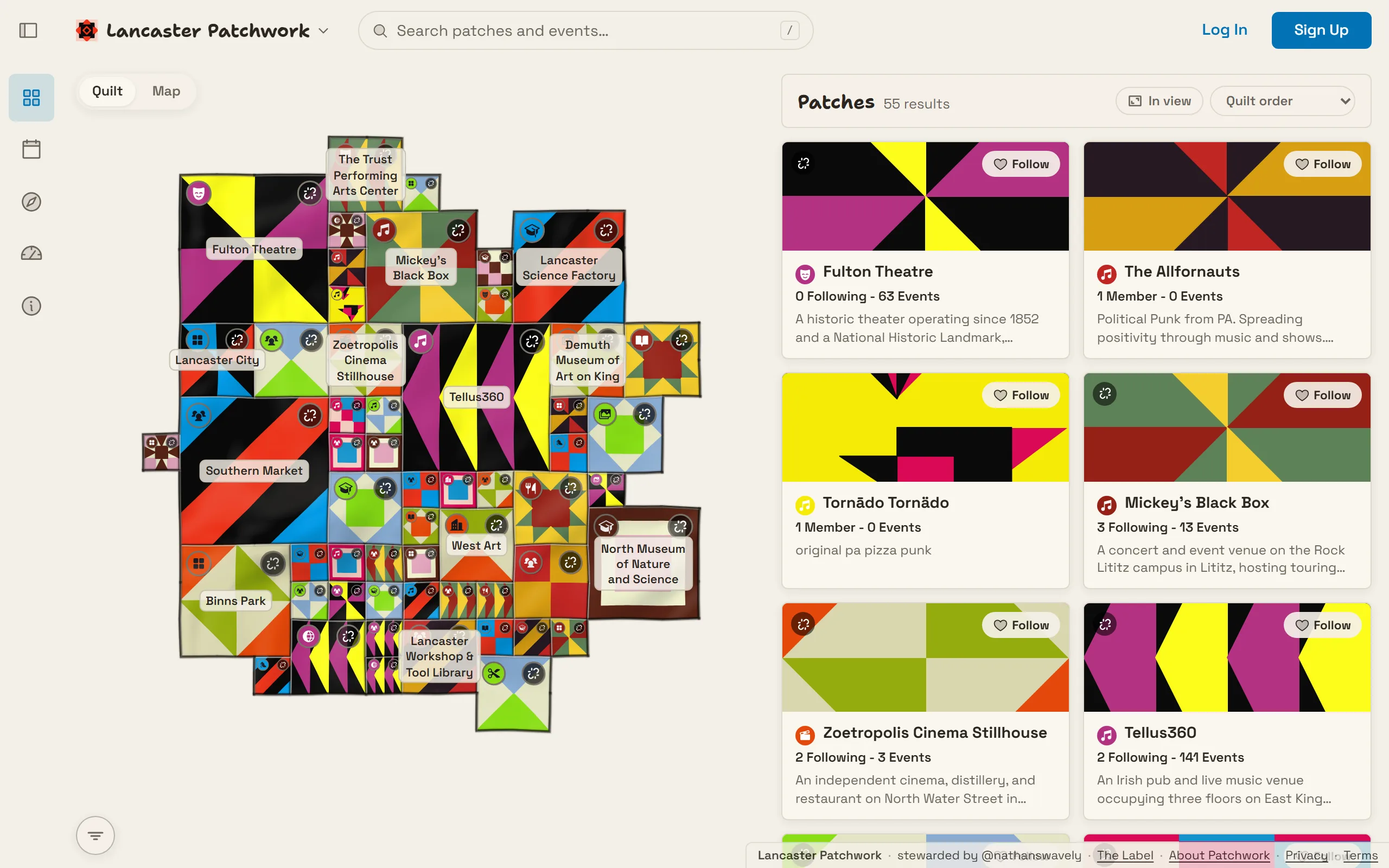 The Patchwork quilt on desktop. A treemap of community groups fills the canvas, with a scrolling list of patch tiles over the right side of the screen.