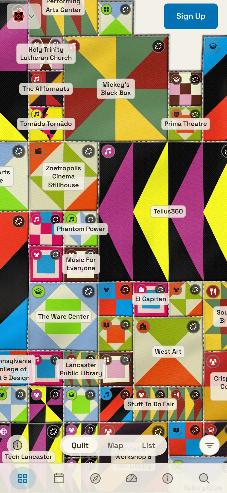 The same quilt on a phone, with a Quilt, Map and List pill floating near the bottom of the screen.
