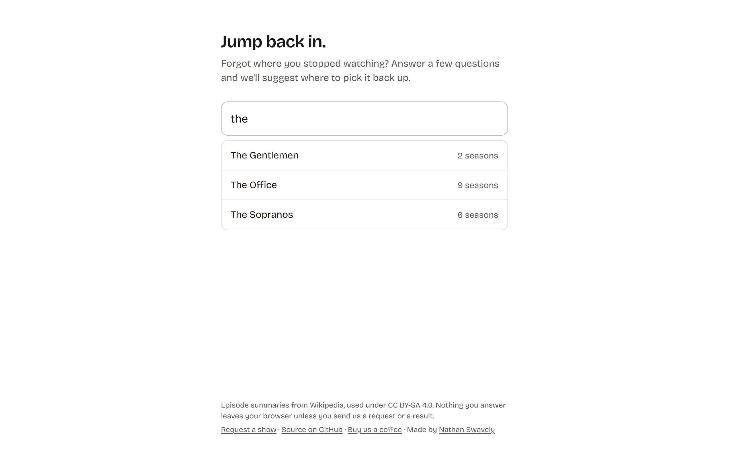 The Jump Back In show search on desktop. A single centered column with a search field and a short list of matching shows beneath it.