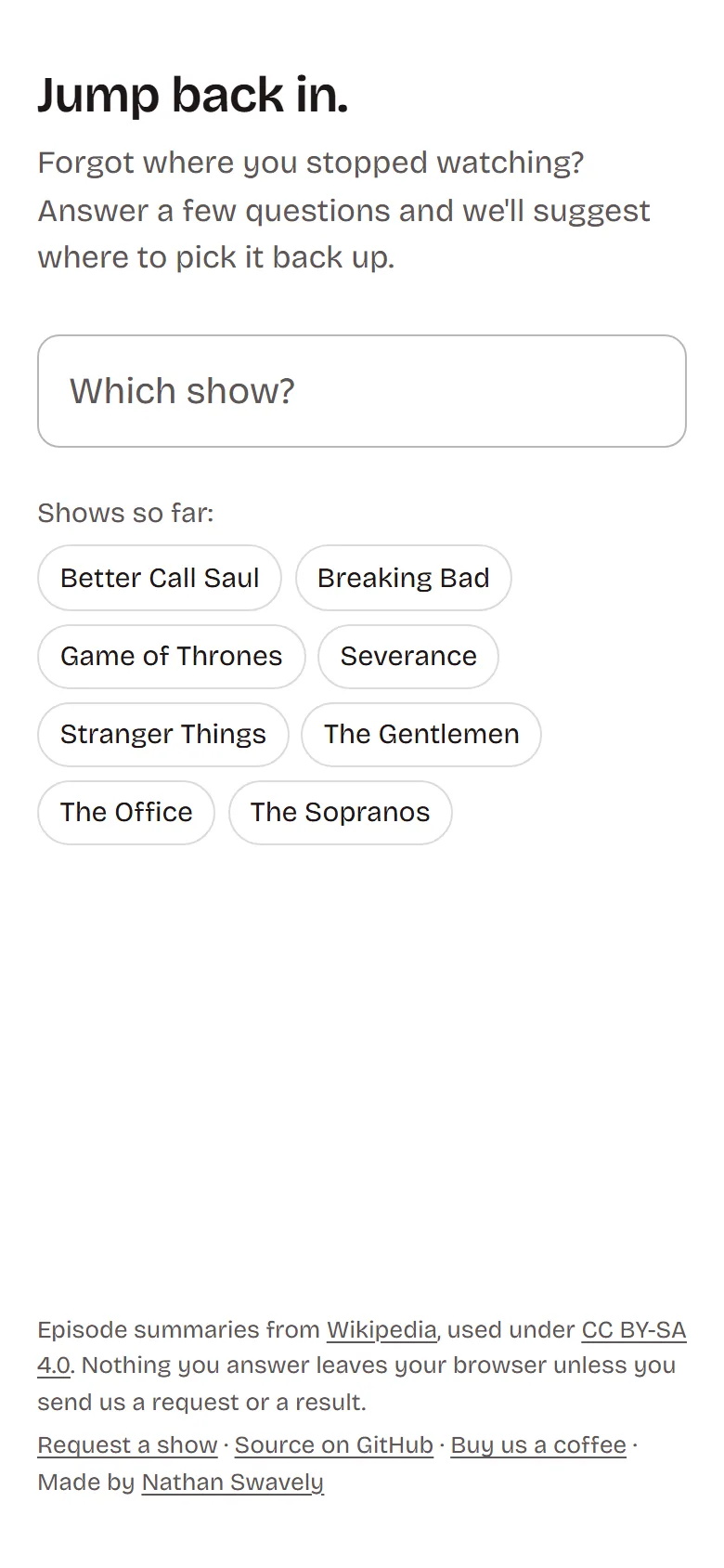 The same search screen on a phone, with the catalog listed as tappable chips below the field.
