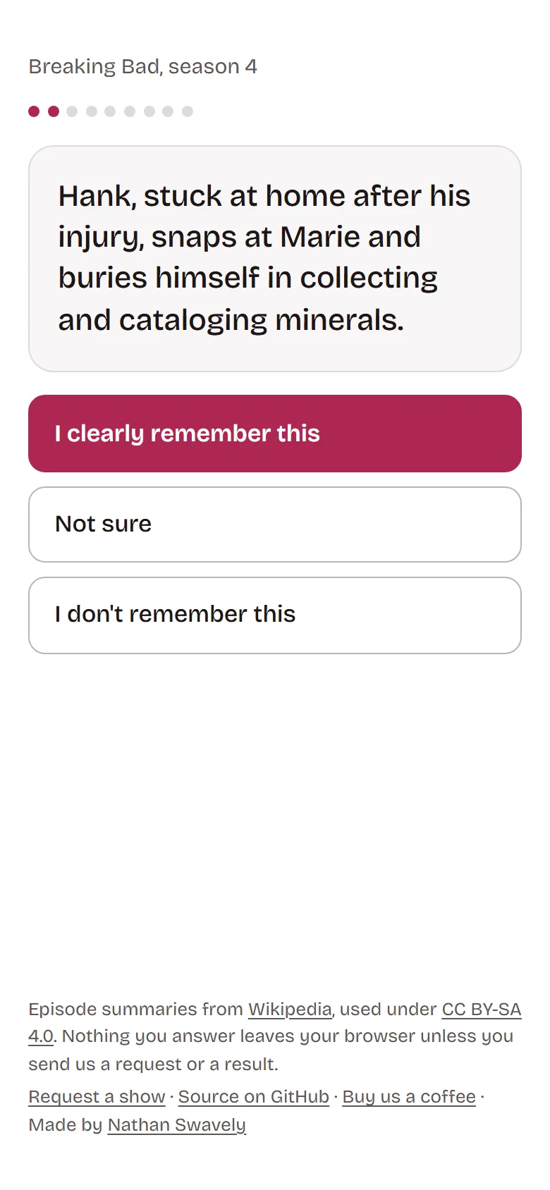 The same probe card on a phone. The three answer buttons stack full width beneath the card, without the keyboard shortcut badges the desktop answers carry.