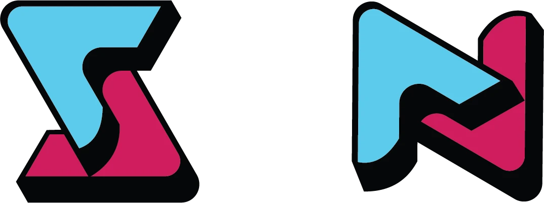 The letters S and N, each built from two rotated code carets in cyan and magenta