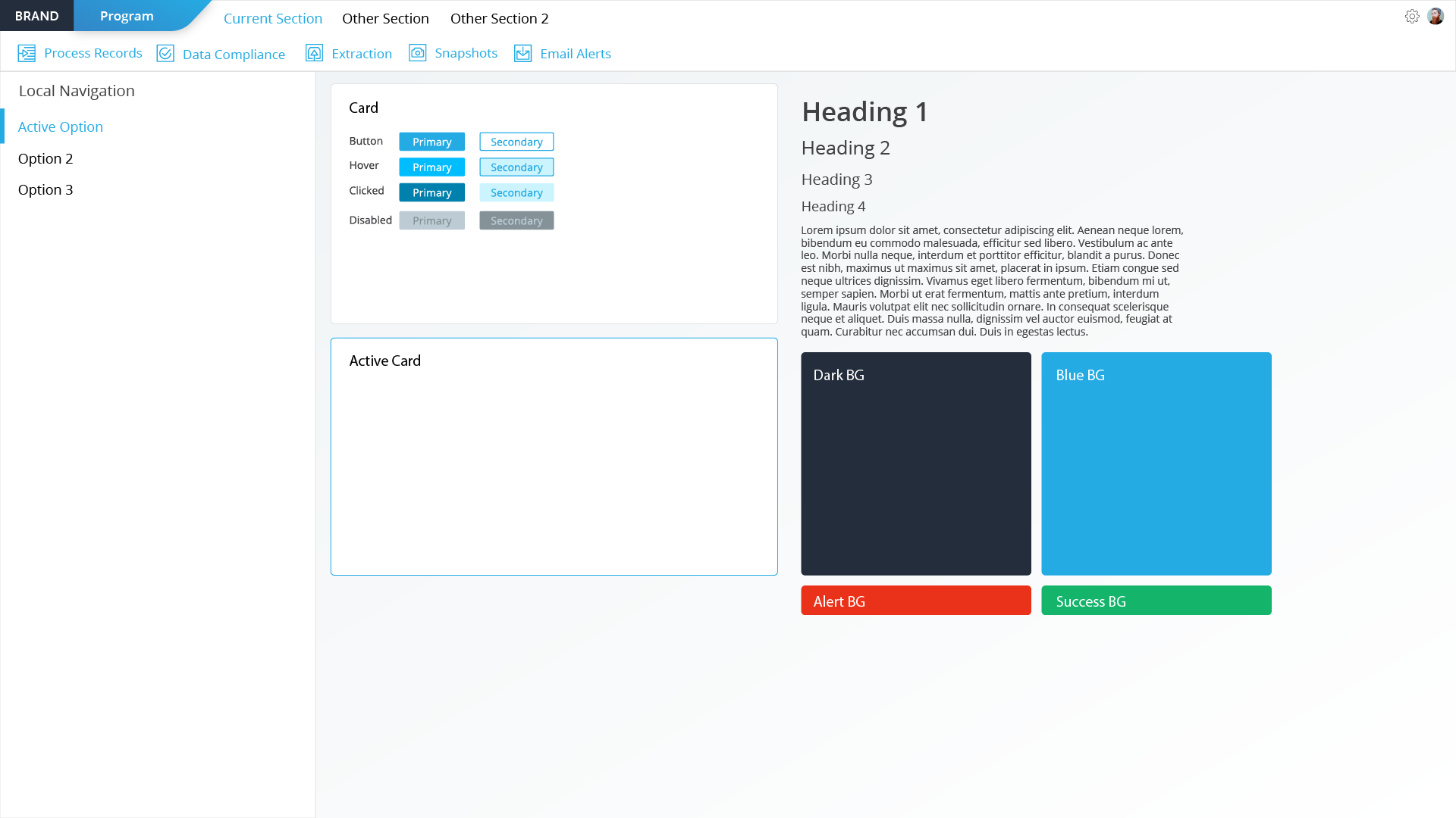 Application UI kit: button states, cards, type scale, and background rules