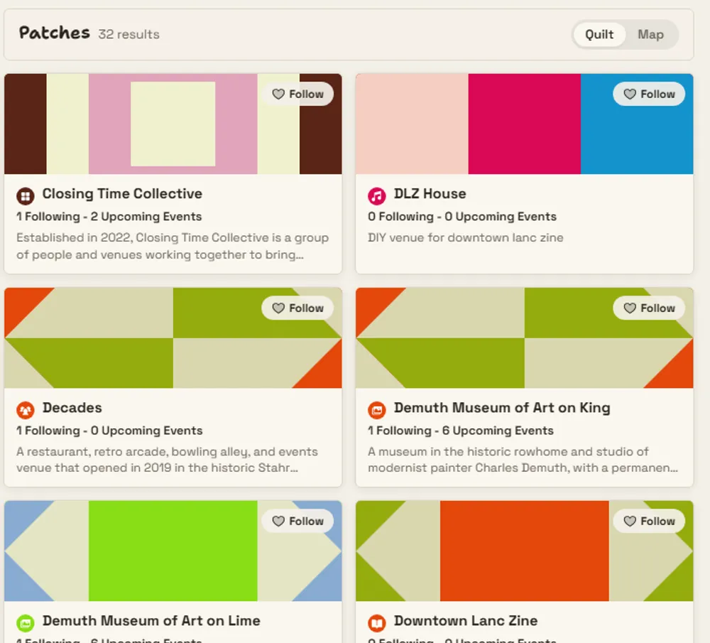 Lancaster Patchwork, showing community groups as quilt tiles with follower and event counts