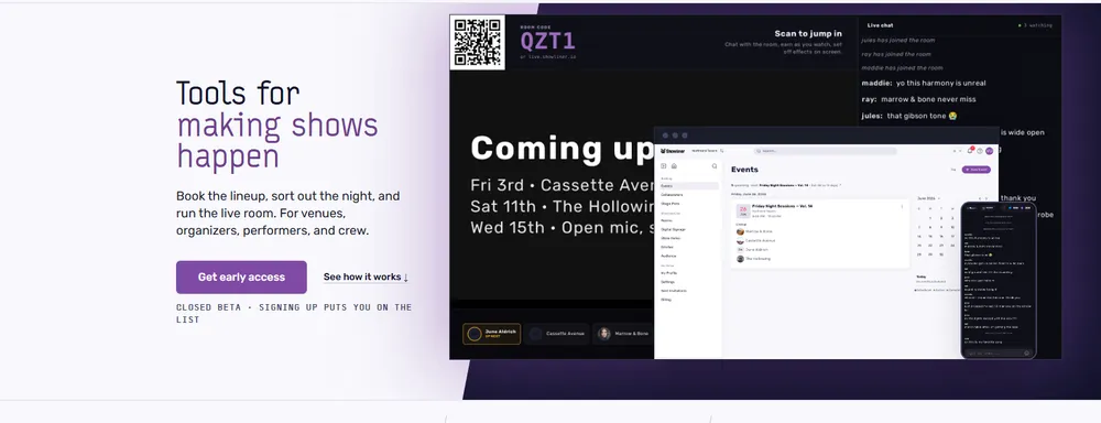 Showliner's marketing site, showing the live room view with a join code, the running order, and audience chat